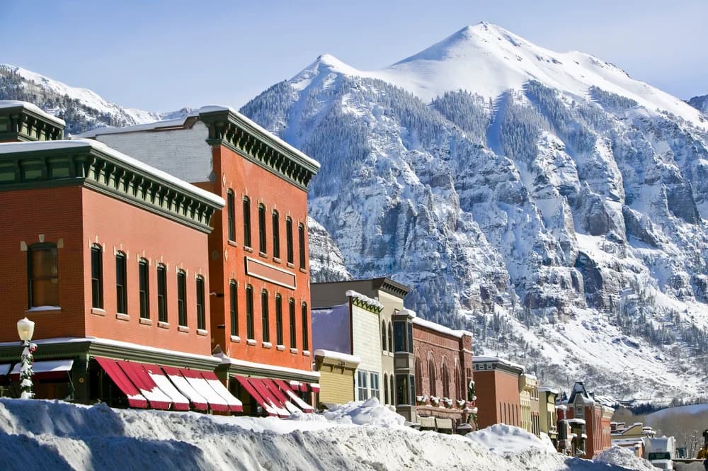 A snowy Colorado mountain town main street